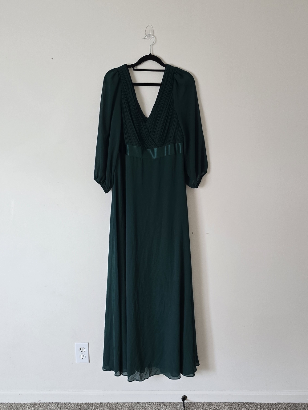 Ever-Pretty Green Chiffon V-Neck Pleated Chic Evening Gown Balloon Sleeve 12 NWT